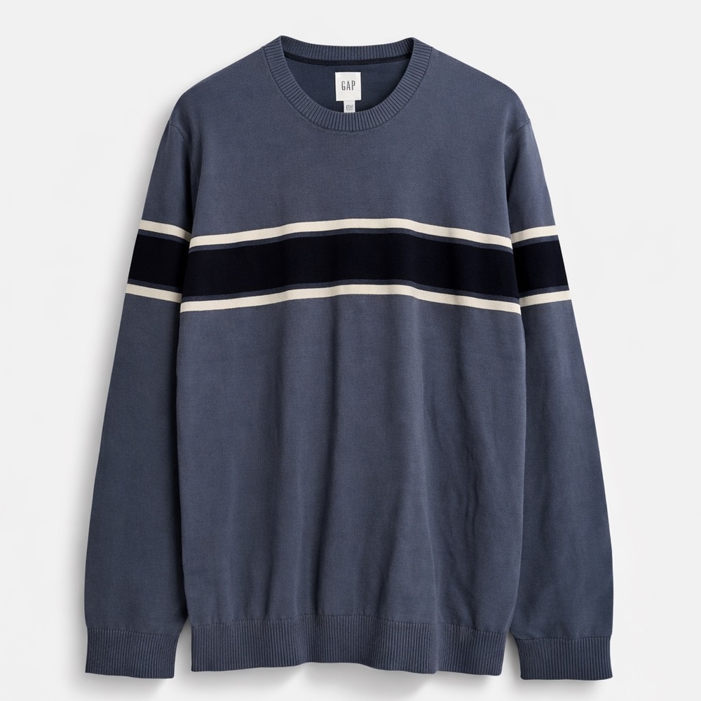 GAP Men's Slate Blue Crewneck Sweater with Black and Cream Stripes